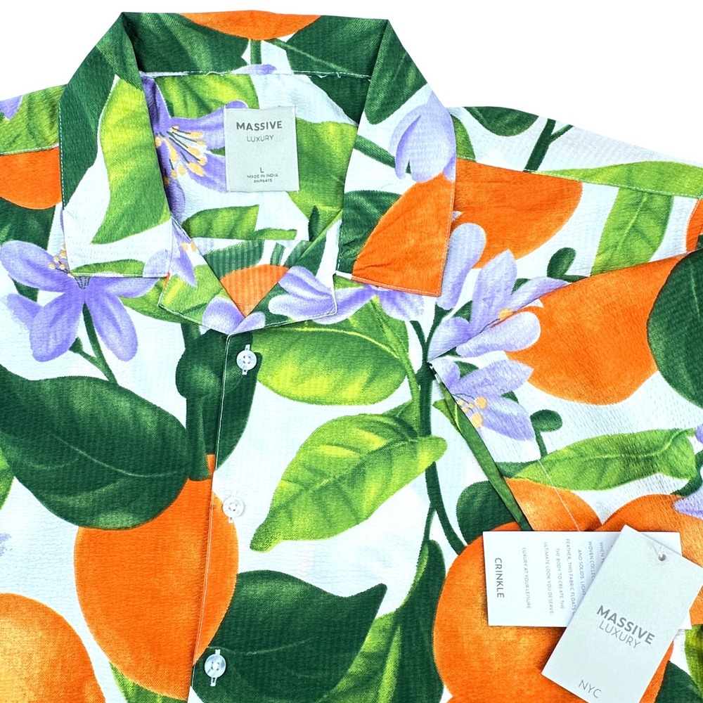 Massive Luxury Button Up Shirt‎ Mens Large White Orange Floral New Crinkle Woven